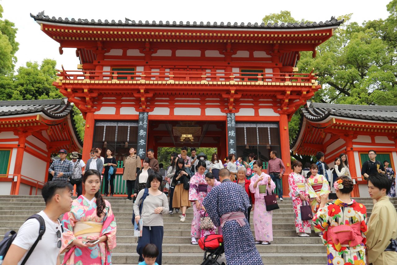 Kimonos on display at temple gate